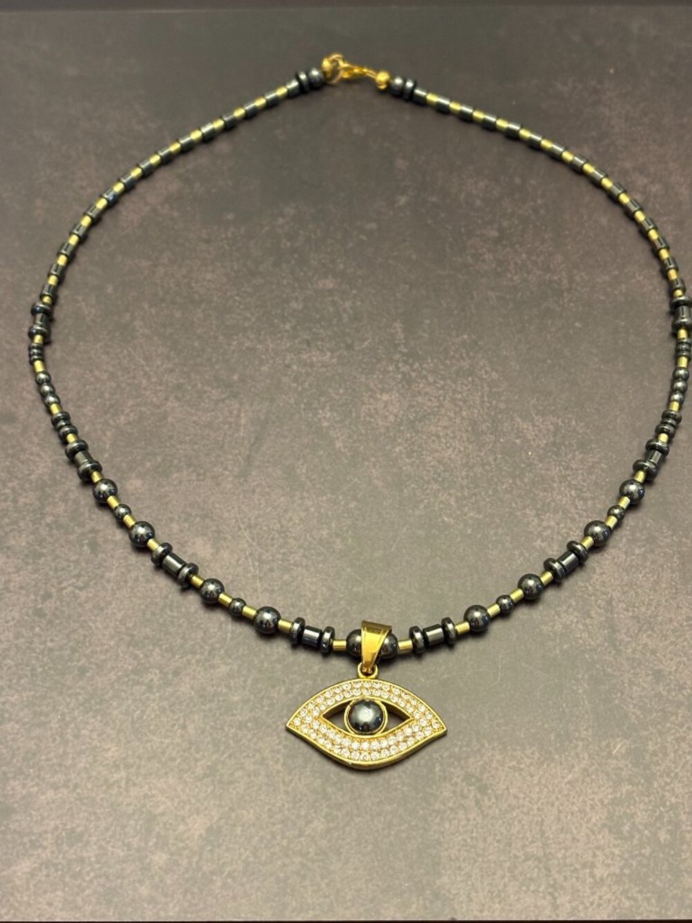Evil Eye Beaded Necklace – Gold & Black ( Hematite)